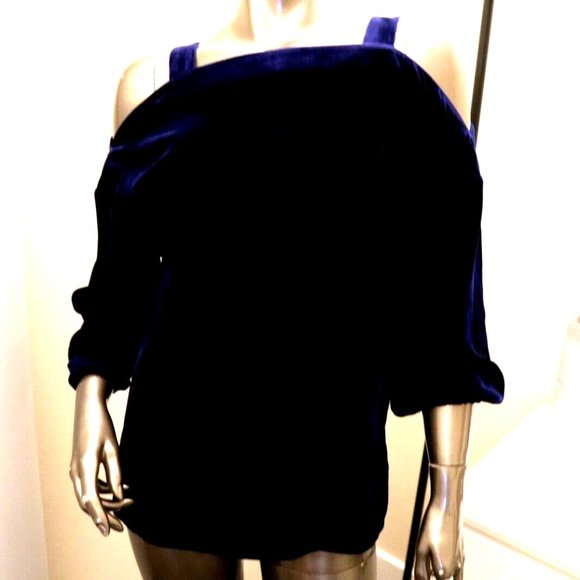 TIBI Velvet Top Blue Off The Shoulder Cold Shoulder Tunic Top Size XS $395 New - Picture 2 of 6